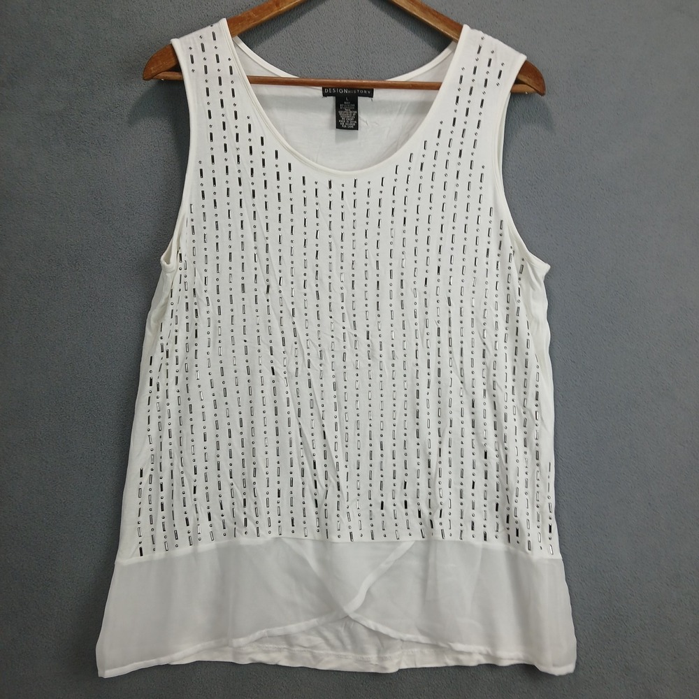 Design History Tank Top Womens L White Viscose Embellished Round Neck Wrap Hem